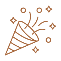 A brown party popper icon with confetti and stars.