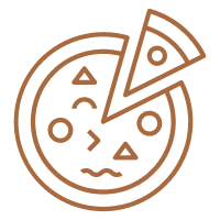 Simple line drawing of a pizza with one slice separated.