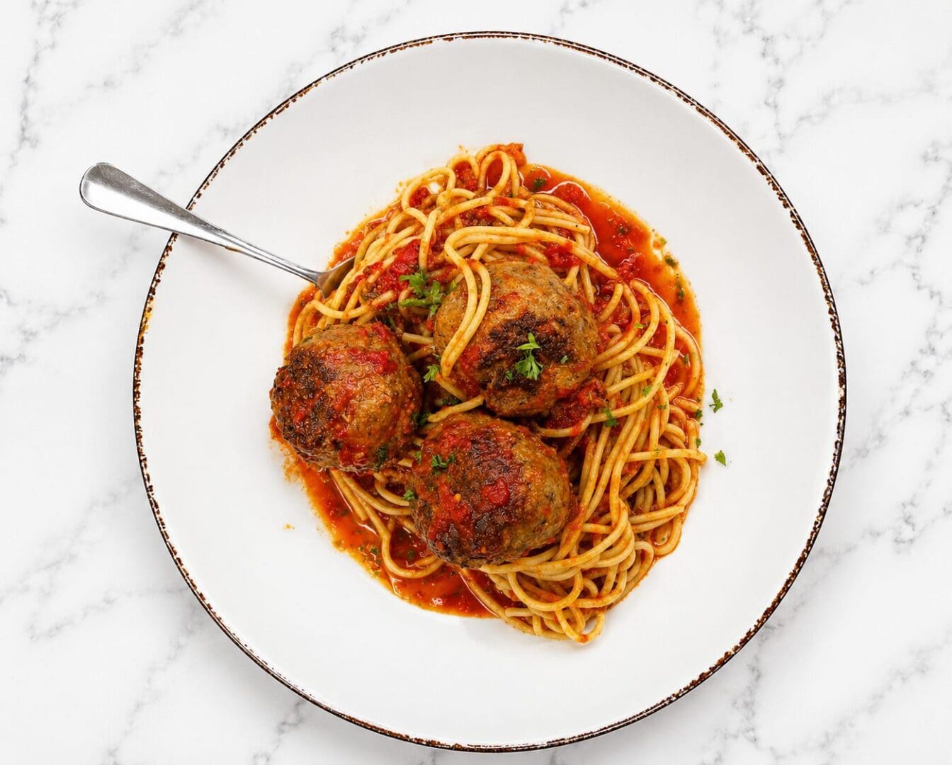 Three meatballs over spaghetti on plate