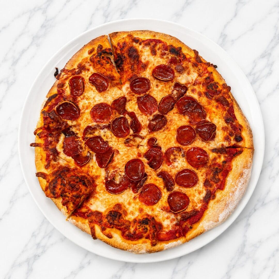 Whole pepperoni pizza on white plate