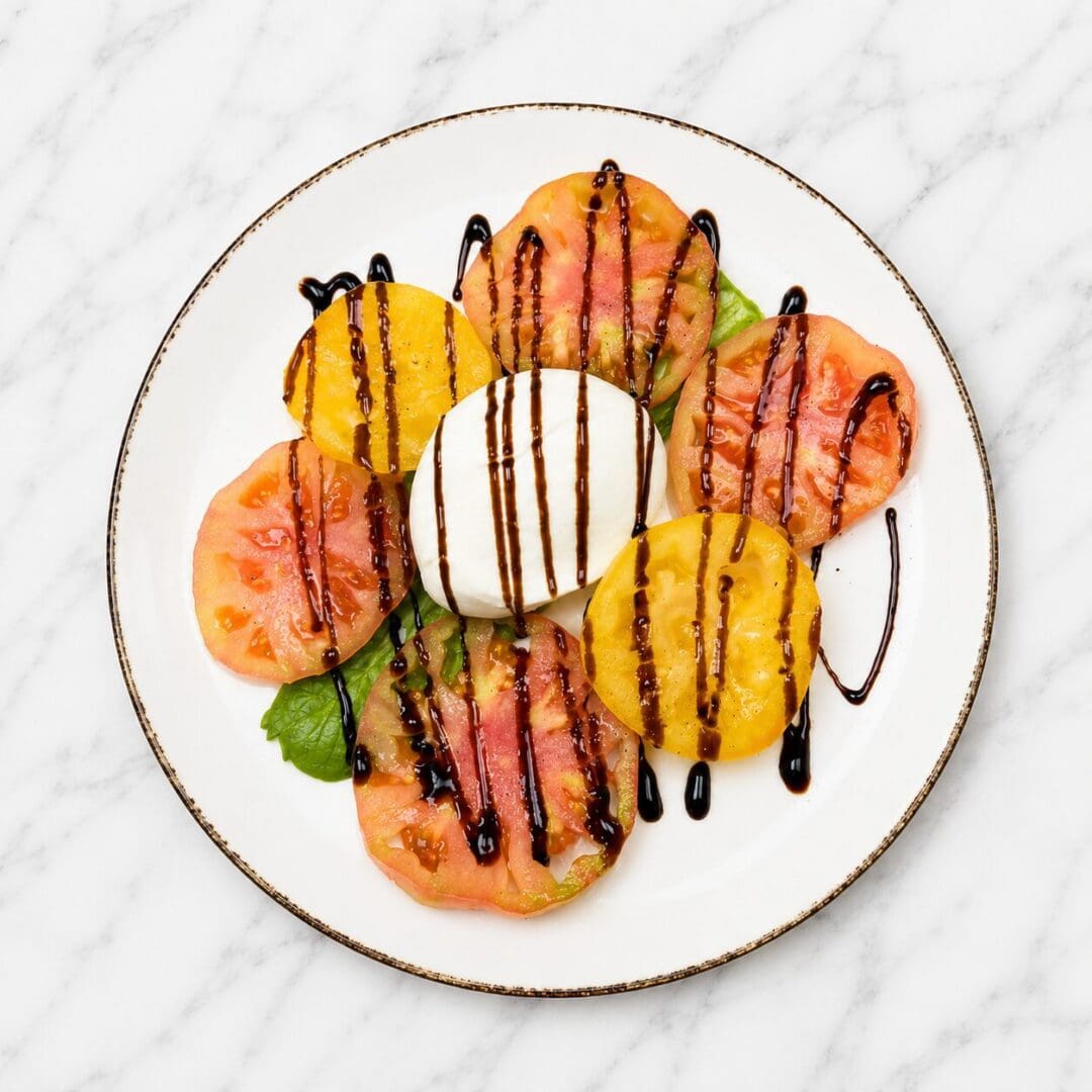 Sliced tomatoes and burrata with balsamic drizzle