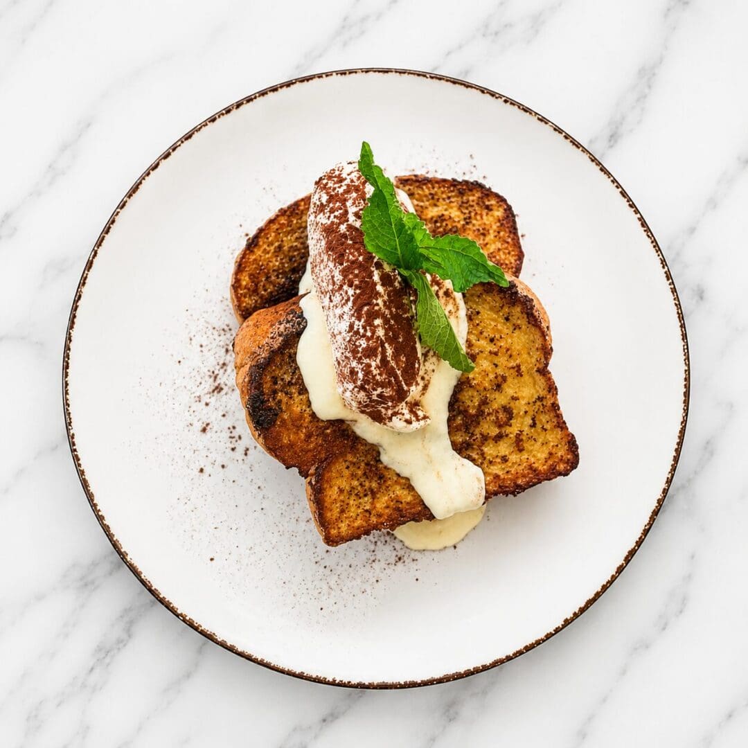 French toast with cream, cocoa, and mint