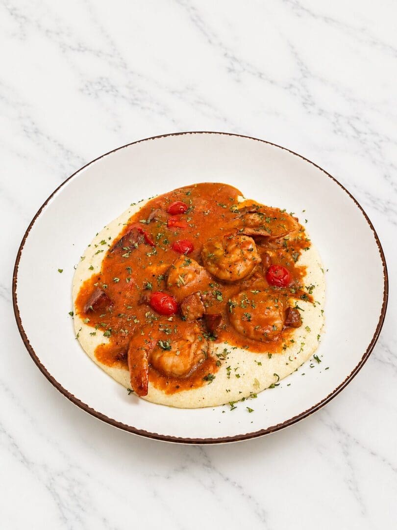 Shrimp and grits with tomato basil sauce