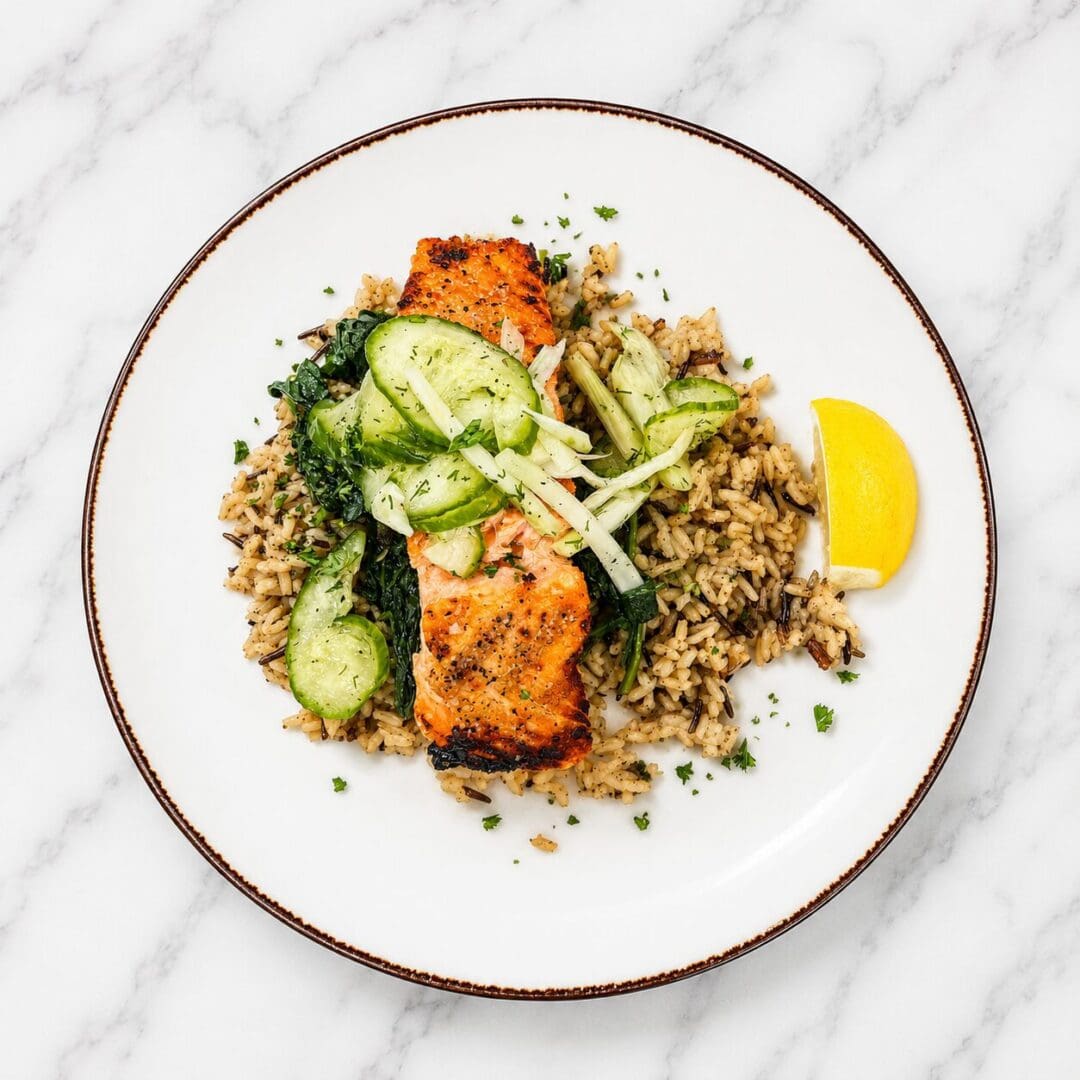 Grilled salmon with rice and cucumber