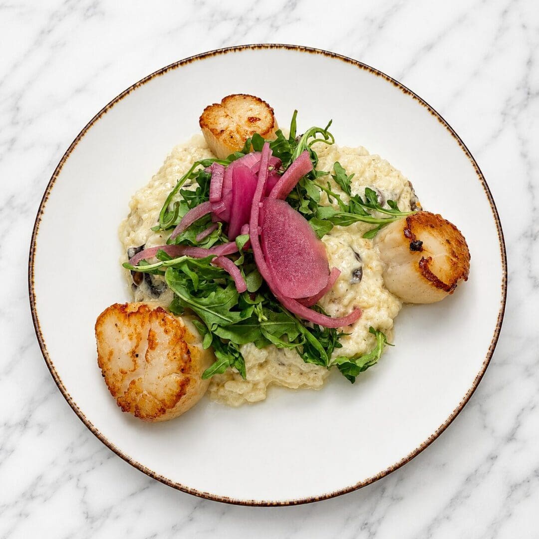 Seared scallops with creamy risotto and arugula