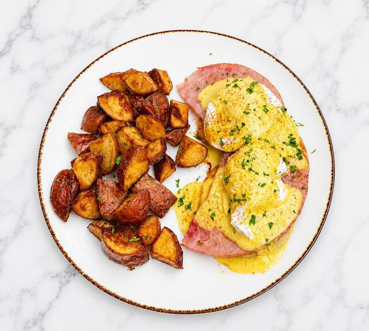 Eggs Benedict with ham and roasted potatoes