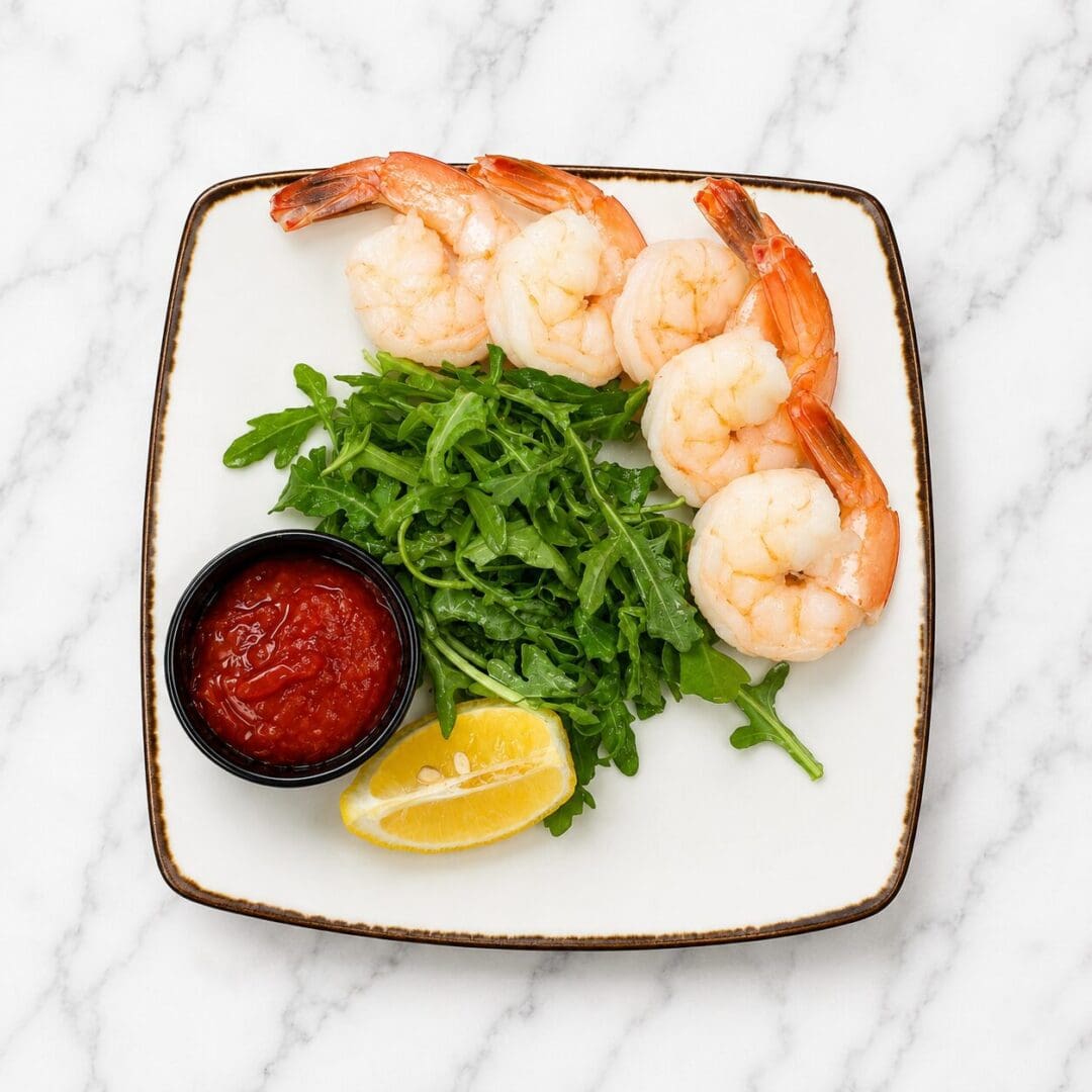 Cooked shrimp with arugula, lemon, cocktail sauce