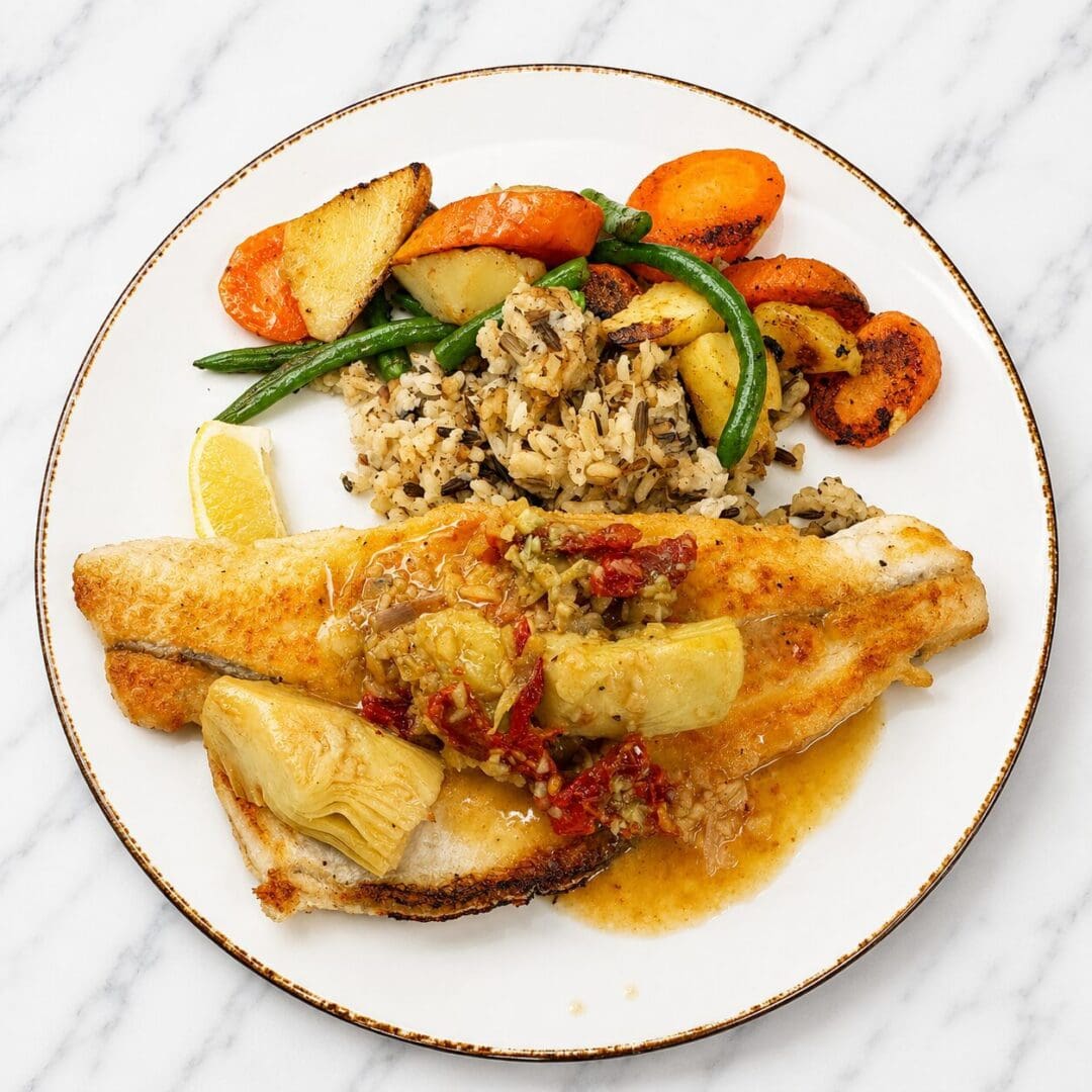 Pan-seared fish with wild rice and vegetables