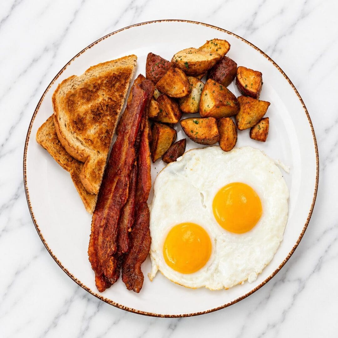 Breakfast plate with eggs, bacon, toast, potatoes