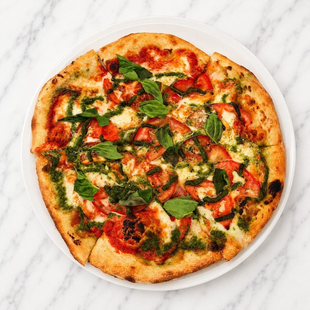 Margherita pizza with basil and pesto