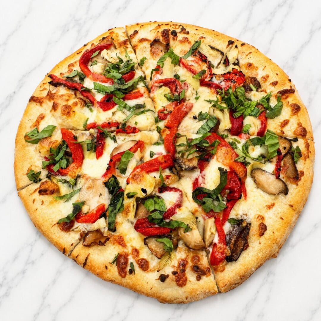 Vegetarian pizza with roasted peppers and basil